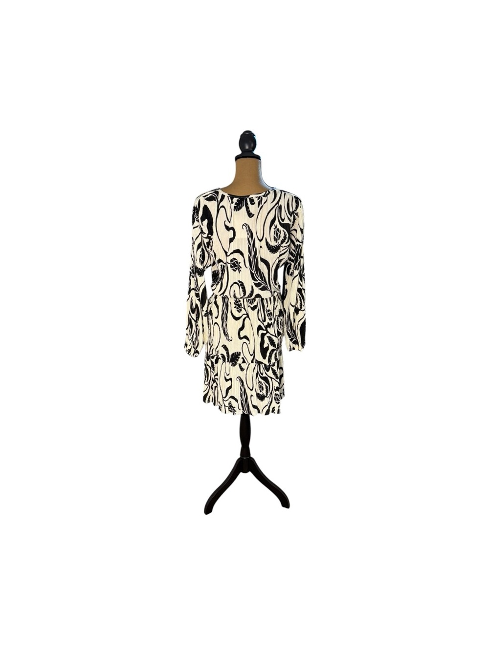H&M Plissé Mini Dress XL NWT Black Cream Floral Balloon Sleeve Boho Cottagecore - Picture 3 of 10